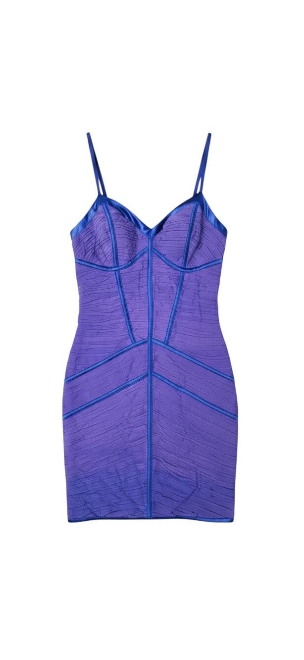 Vintage Sue Wong Purple Blue Corset Ruched Mesh Mini Dress